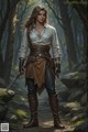 A woman standing in a forest holding a sword.