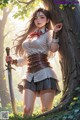 A woman in a white shirt and skirt holding a sword in a forest.