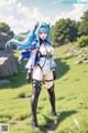 A woman with long blue hair standing in a field.